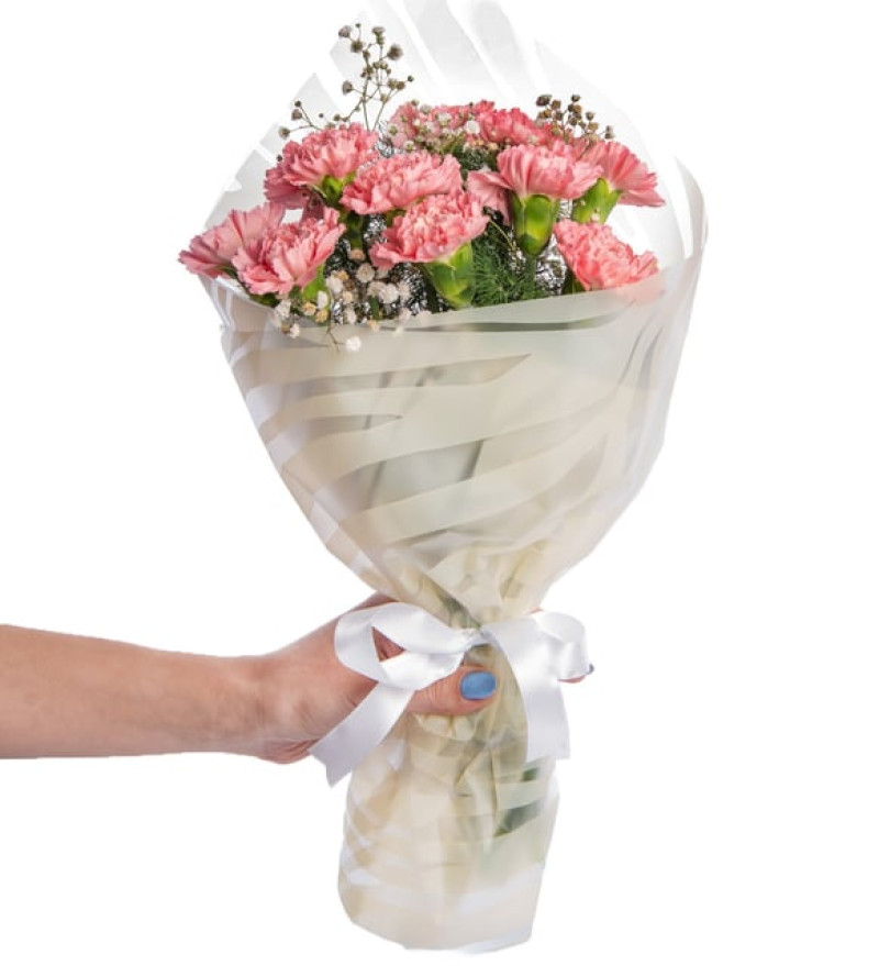 Romantik Leopar Krem Bukette Pembe Karanfiller ve Cipsolar