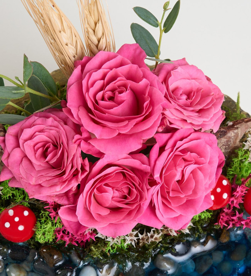 Modern Ring Saksıda Pembe Gül ve Okaliptus Teraryum
