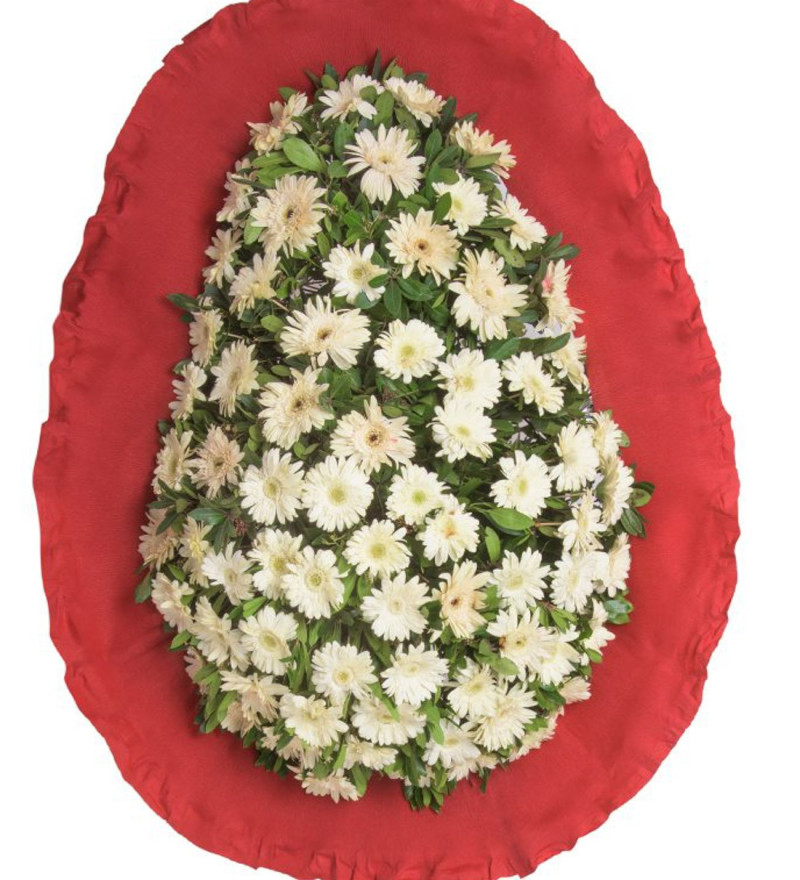 Premium Beyaz Gerbera Kırmızı Ayaklı Tek Katlı Çelenk