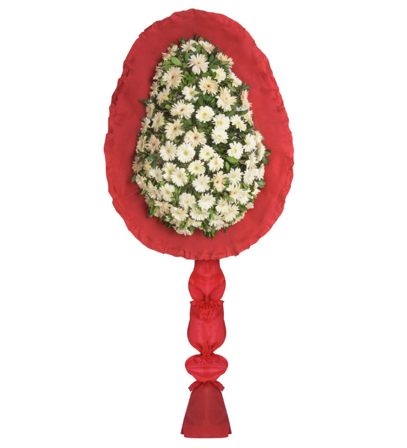 Premium Beyaz Gerbera Kırmızı Ayaklı Tek Katlı Çelenk